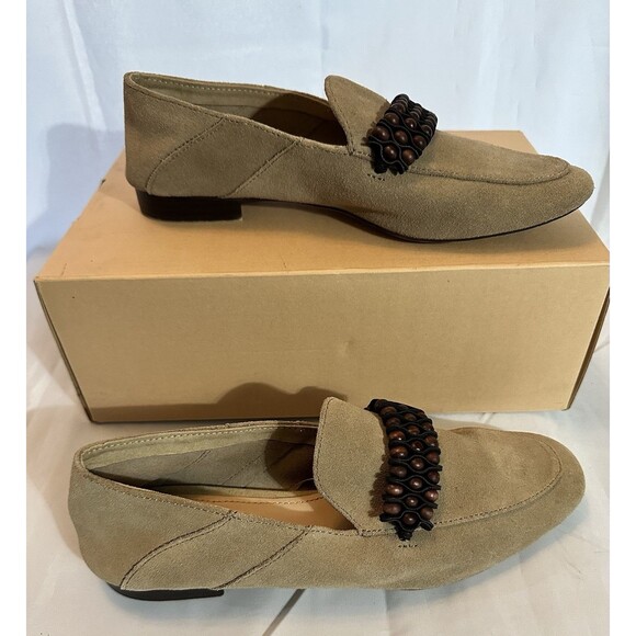 Zara Womens Tan Suede Leather Slip On Flats Shoes Beaded Accents Size 6.5 - Picture 1 of 12